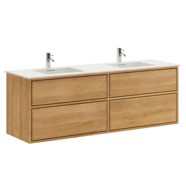 160 cm Naturolieret Just Wood Push badmøbel med 4 skuffer og Solid Surface bordplade - Dobbelt vask