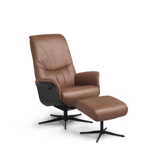 Noah recliner lænestol, inkl. fodskammel - cognac stof og sort aluminium