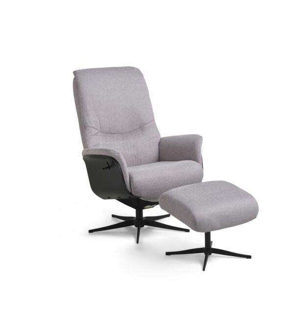 Noah recliner lænestol, inkl. fodskammel - grå polyester stof og sort aluminium