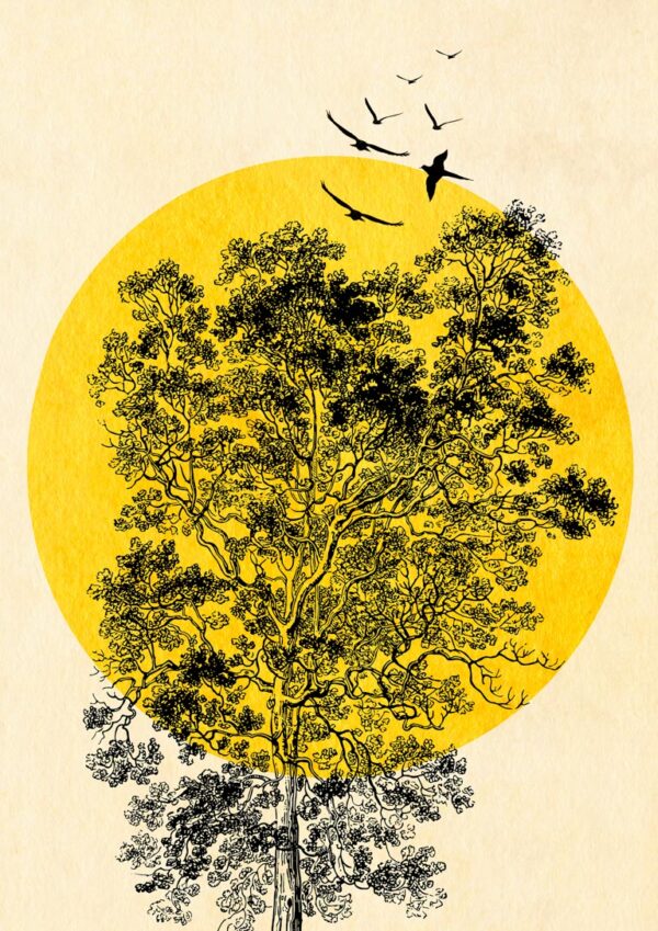 Yellow sun with black birds plakat