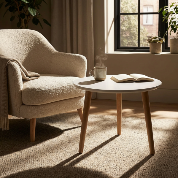 CT 20 - Sofabord i hvid laminat med ege ben, vælg mellem 4 størrelser Højde 45 cm Rund ø 70 cm CT 20 - Sofabord i hvid laminat med ege ben, vælg mellem 4 størrelser Højde 45 cm Rund ø 70 cm