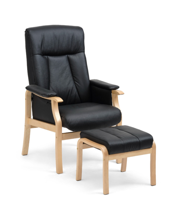 Delfin Møbler - Otium Lænestol med Fodskammel i Sort Læder & Natur træ