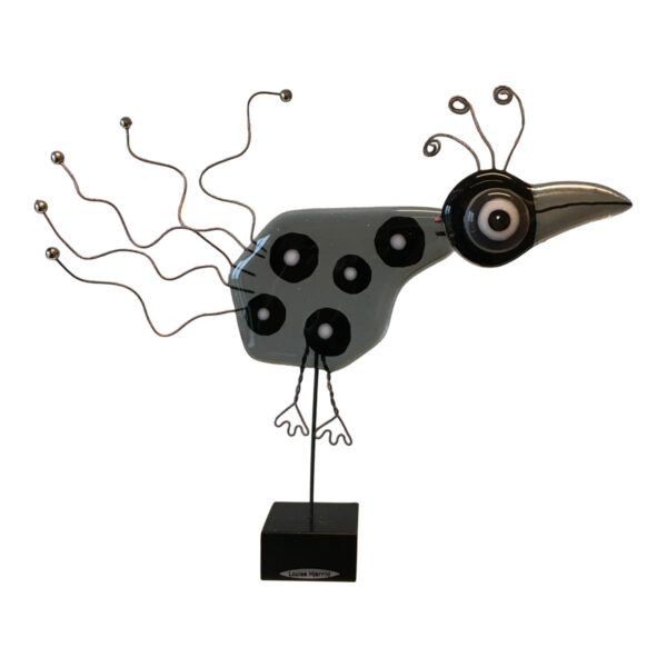 Glasfugl med dots sort og grå, højde ca. 14 cm. Håndlavet glasfigur. Gaveide med hurtig levering. Glasfugl med dots sort og grå, højde ca. 14 cm. Håndlavet glasfigur. Gaveide med hurtig levering.