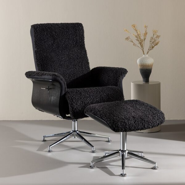 Heimdal - Hvilestol og taburet i mørkegråt stof og metalben Heimdal - Hvilestol og taburet i mørkegråt stof og metalben