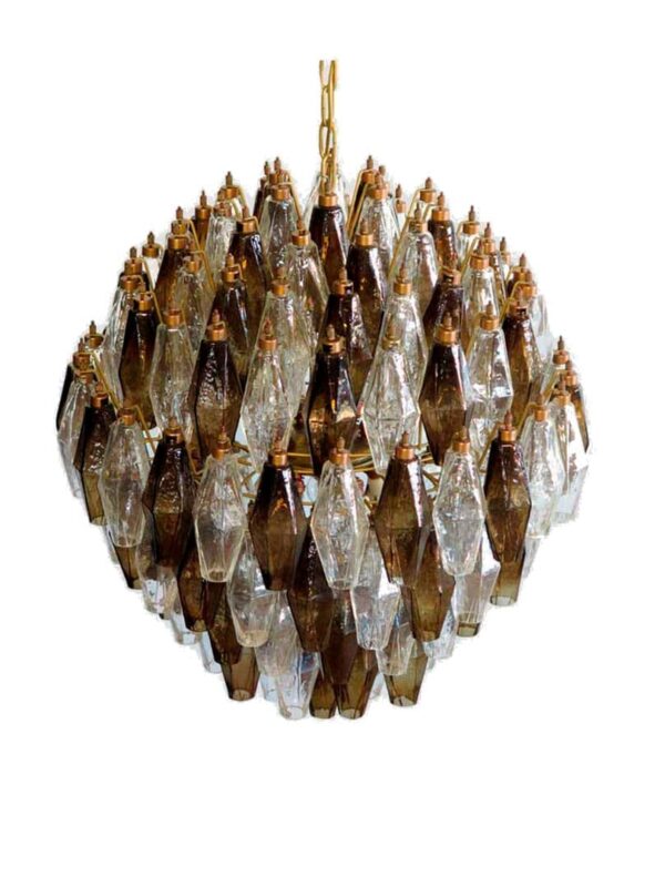 Murano Lysekrone - Poliedri - 140 glas - Røgfarvet/Klar Mat guld uden patinering Murano Lysekrone - Poliedri - 140 glas - Røgfarvet/Klar Mat guld uden patinering