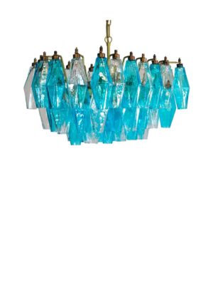 Murano Lysekrone - Poliedri - 56 glas - Klar/Blå Mat guld patineret