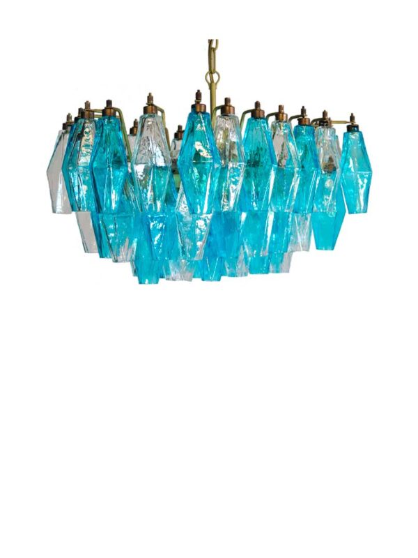 Murano Lysekrone - Poliedri - 56 glas - Klar/Blå Mat guld patineret