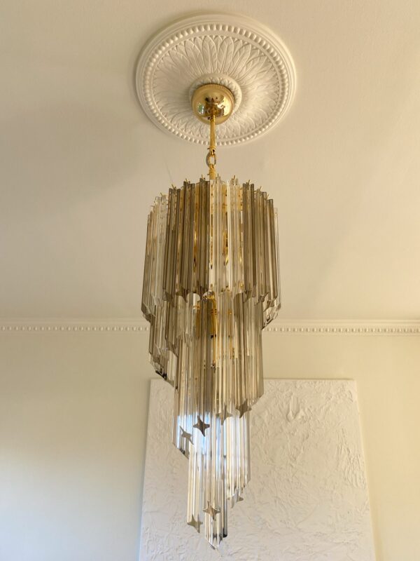 Murano lysekrone - Spiral - 54 prismer - Røgfarvet/Klar Krom blank