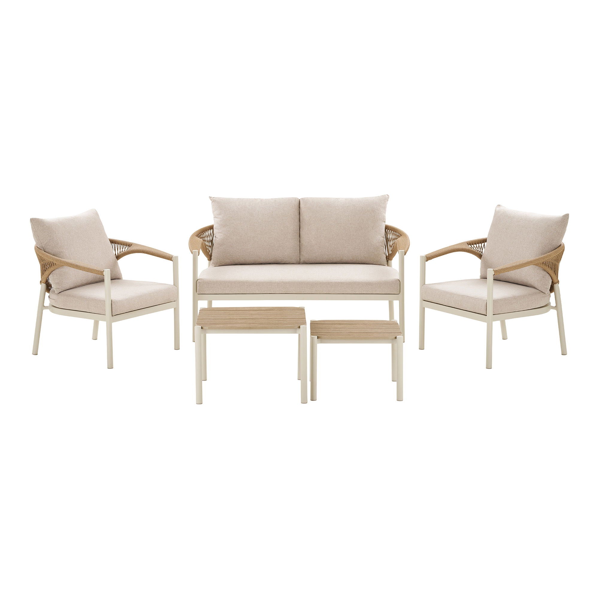House Nordic - Abela Loungesæt Aluminium/Nonwood Sand/Natur - 2-pers. Sofa, 2 Stole, 2 Borde inkl. Hynder 1 House Nordic - Abela Loungesæt Aluminium/Nonwood Sand/Natur - 2-pers. Sofa, 2 Stole, 2 Borde inkl. Hynder