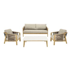 House Nordic - Fargo Loungesæt Aluminium Taupe/Trælook - 2-pers. Sofa, 2 Stole, Sofabord inkl. Hynder