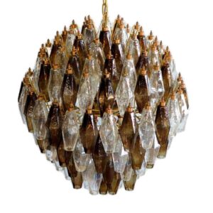 Murano Lysekrone - Poliedri - 140 glas - Røgfarvet/Klar Mat guld uden patinering