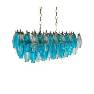 Murano Lysekrone - Poliedri - 84 glas - Blå/Klar Mat guld patineret