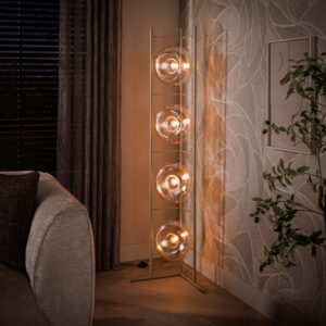 Iris- Gulvlampe i lys ravfarvet glas og beige metal Levering uden pære