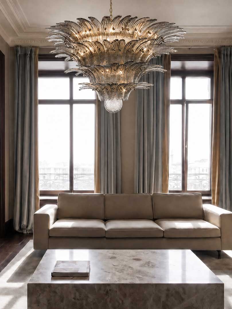 Murano Lysekrone Palmette 163 glas Røgfarvet Mat guld uden patinering 1 Murano Lysekrone Palmette 163 glas Røgfarvet Mat guld uden patinering