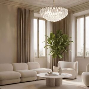 Murano Lysekrone Poliedri 185 glas Hvid Alabaster Mat guld uden patinering