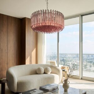 Murano Lysekrone - Triedri Rund - 265 prismer - Rosa/pink Krom blank