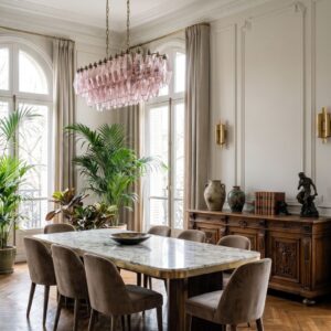 Murano Lyserkrone Poliedri 84 glas Rosa Mat guld uden patinering